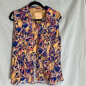 Tropical Print Sleeveless Button Down Shirt - Orange and Blue